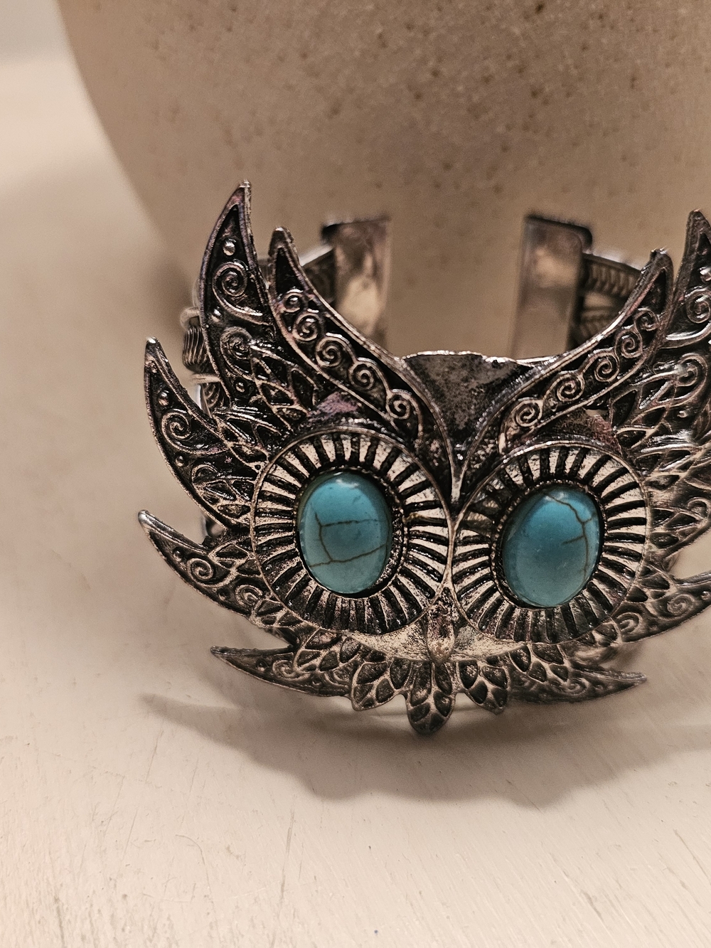 Silver Owl Cuff Bracelet with Turquoise Stones - Women Jewelry